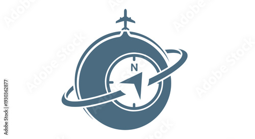 Airplane Flying Around Compass Globe Symbolizing Travel.