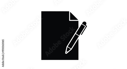A black silhouette of a document with a pen resting on top