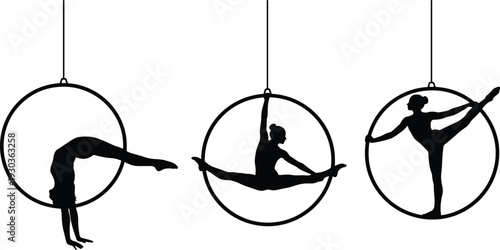 Silhouette aerial hoop performers, circus arts, acrobatic strength, flexibility showcase, lyra poses, artistic performance, dance expression, fitness training illustration