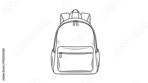 Clean black and white line art illustration of a classic school backpack with multiple compartments and zippers.