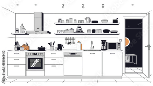 Modern and clean kitchen interior design featuring white cabinets, stainless steel appliances, and organized shelves.