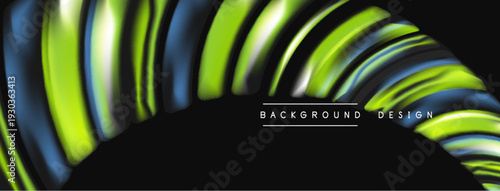 Abstract flowing lines create dynamic tunnel illusion. Vivid green, blue hues dominate dark background. Modern design element.