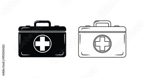 Two medical kits one solid black one white outline with a plus symbol