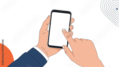 First person perspective of a person's hands holding a black smartphone with a blank white screen for mockup space.