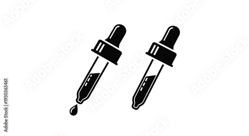 Two black dropper bottles with liquid drops isolated on a white background