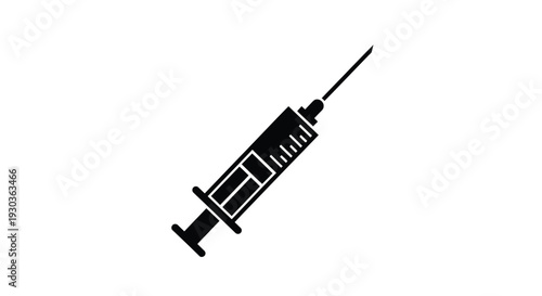 Simple black silhouette of a medical syringe on a white background