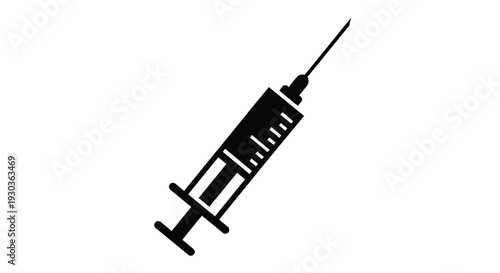 Simple black silhouette of a medical syringe on a white background