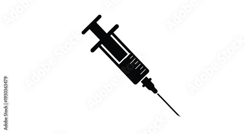 Simple black silhouette of a medical syringe on a white background