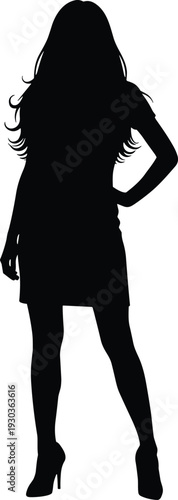 Confident woman in short dress with hand on hip, long wavy hair, high heels silhouette, elegant black vector fashion illustration