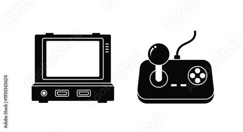 Simple black and white illustration of a retro television and gamepad
