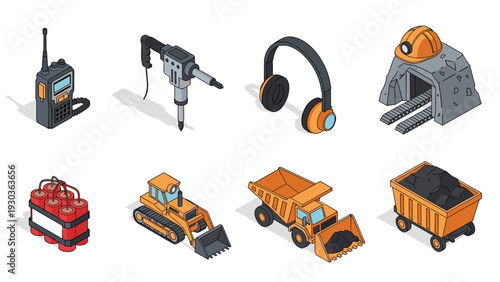 Set of isometric icons for mining and construction industry including tools, vehicles, and a tunnel entrance.