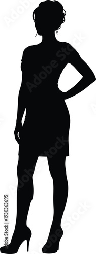 Confident woman silhouette in short dress with hand on hip standing pose, elegant female figure in high heels fashion isolated black