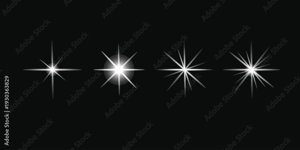 Fototapeta premium A series of four bright white stars against a black background