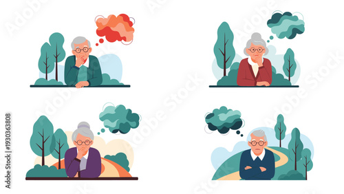 Set of senior men and women in various thinking poses with colorful thought bubbles and natural outdoor park backgrounds in flat design.