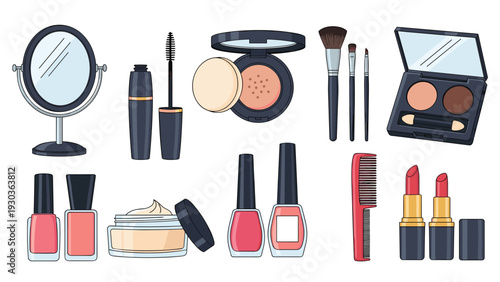 Large assortment of cosmetic products and beauty tools including lipsticks, nail polishes, brushes, and mirrors on a plain background.
