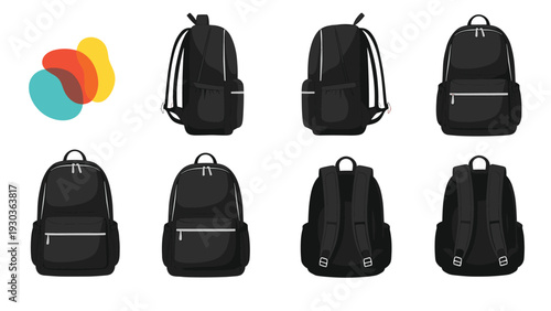 Multiple views and angles of a stylish black backpack including front, back, and side perspectives for product design and school use.