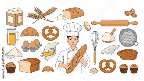 Friendly male baker in uniform holding a long baguette surrounded by various breads, pastries, muffins, and essential baking tools.
