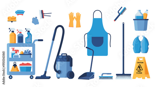 Comprehensive collection of professional cleaning equipment including a vacuum cleaner, mop, bucket, detergents, and protective apron.