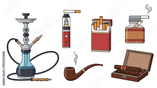 Detailed set of various smoking devices including a traditional hookah, electronic cigarette, pipe, cigars, and a full pack of cigarettes.