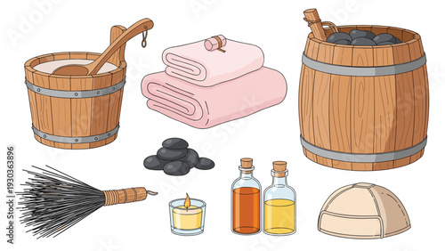Traditional sauna equipment and wellness accessories including wooden buckets, hot stones, towels, aromatic oils, and a massage broom.