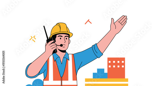Male construction worker in a hard hat and safety vest using a walkie-talkie and pointing towards a building project on a white background.