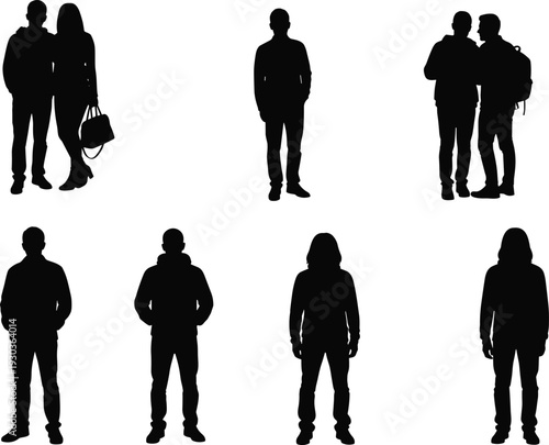 Black silhouettes of romantic couples and single people standing together, various poses, isolated on white background for design projects
