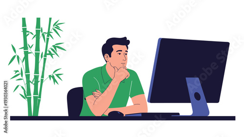 Young office worker sitting at his desk and looking thoughtful while staring at a computer monitor with a bamboo plant in the background.