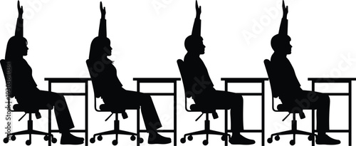 Silhouette illustration of office workers raising hands, business meeting participation, teamwork concept, classroom engagement, corporate training, education environment