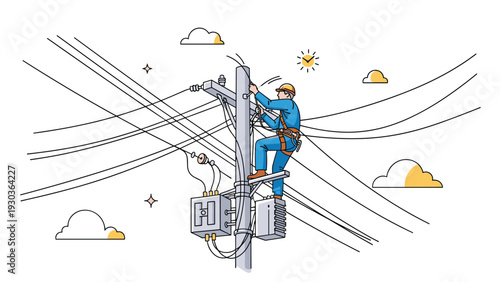 Skillful utility worker or electrician climbing a tall power pole to maintain electrical wires against a bright sunny sky with clouds.