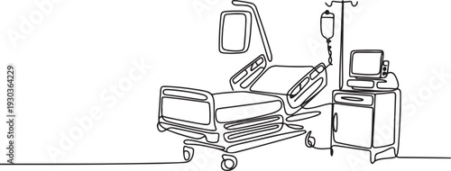 Continuous one line drawing of hospital patient bed. One line drawing illustration of hospital room interior. Empty hospital room concept.one line vector illustration with out Background