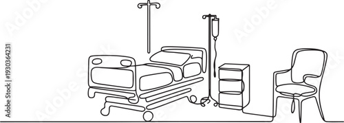 Continuous one line drawing of hospital patient bed. One line drawing illustration of hospital room interior. Empty hospital room concept.one line vector illustration with out Background