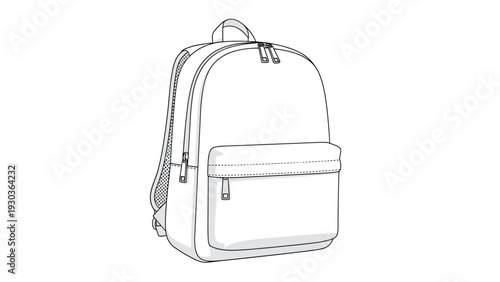 Minimalist black and white line art drawing of a modern school backpack shown from a three-quarter perspective on a white background.
