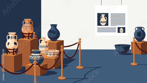 Exhibition of ancient Greek pottery and vases on display pedestals in a museum gallery with an informative poster on the background wall.