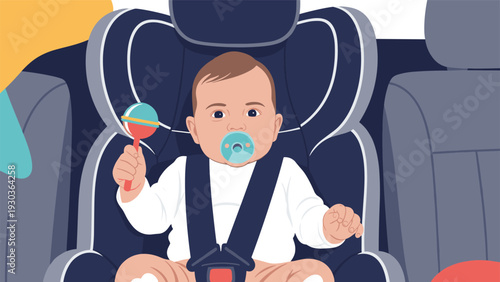 Adorable baby boy sitting safely in a dark blue car seat while holding a colorful rattle toy in a modern flat vector illustration.