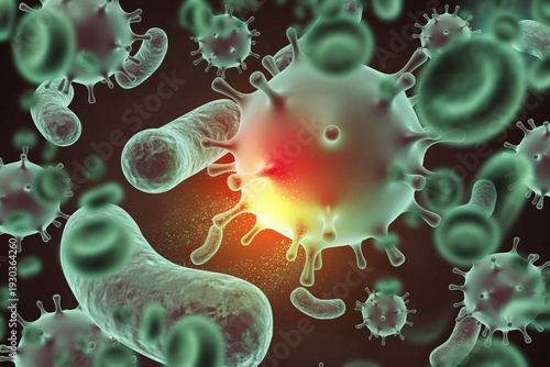 Fotografía Microscopic 3D visualization of pathogenic viruses and bacteria attacking healthy red blood cells in a dark fluid environment
