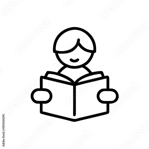 Child reading a book with a smile in a minimalistic style  
