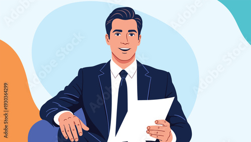 Professional male news anchor or television presenter wearing a suit and holding a script while speaking in front of a blue background.