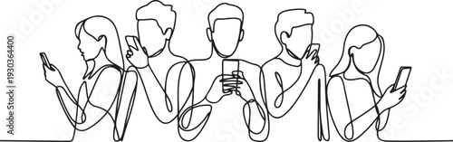 Continuous one line drawing People holding, using mobile phones concept.one line vector illustration with out Background