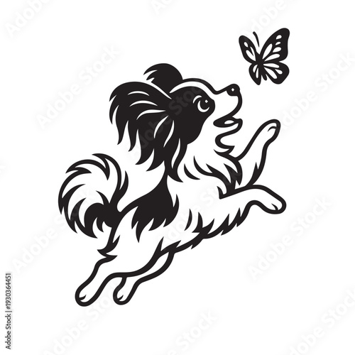 Fun and charming vector of a lively dog leaping to catch a butterfly, capturing pure joy and playful energy.