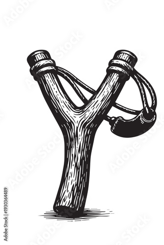 Vintage wooden slingshot rendered in a clean vector style, highlighting fine details, natural grain, and sturdy elastic bands.