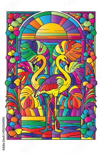 Colorful stained glass mosaic vector concept featuring two elegant cranes by the river with bold, vivid glass fragments.