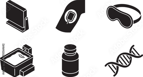 Biohacking Essentials, Human Longevity and Performance Optimization Technology Silhouette Icon Set Vector Illustration