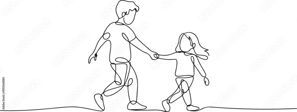 Fototapeta premium continuous line of brother helping sister.one line drawing of brother pulling sister's hand while adventuring outdoors.one line vector illustration with out Background