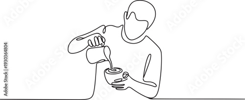 Breakfast outline illustration. Continuous one line drawing of barista pouring milk to coffee, preparing drink.one line vector illustration with out Background