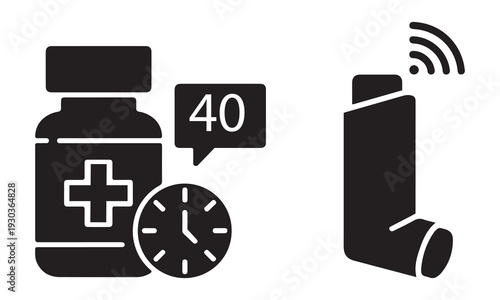 Asthma inhaler and medication bottle icon with timer and notification bubble for medical treatment concepts