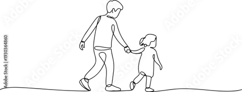 continuous line of brother helping sister.one line drawing of brother pulling sister's hand while adventuring outdoors.one line vector illustration with out Background