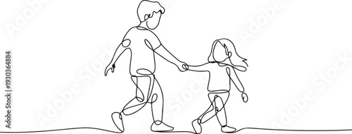 continuous line of brother helping sister.one line drawing of brother pulling sister's hand while adventuring outdoors.one line vector illustration with out Background