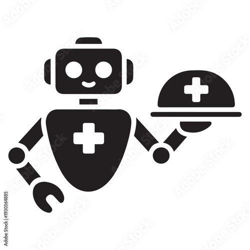 Friendly robot assistant with medical cross on chest holding tray with health symbol