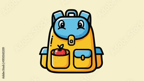 Cute backpack school logo, kids education vector, bold outline, rounded cartoon shapes, flat design