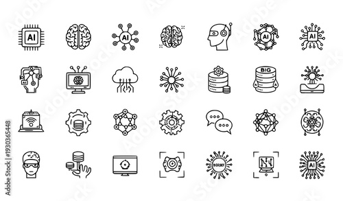Modern artificial intelligence technology icon collection with AI brain neural network and machine learning symbols